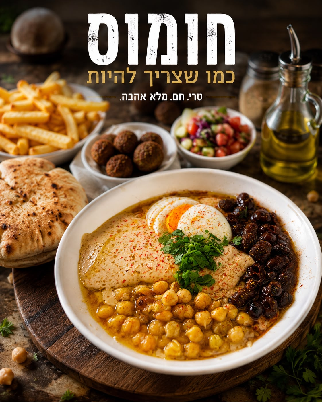 מגש חומוס של מלי עם גרגירים, ביצה, פול, פלאפל, צ'יפס, סלט ופיתה טרייה