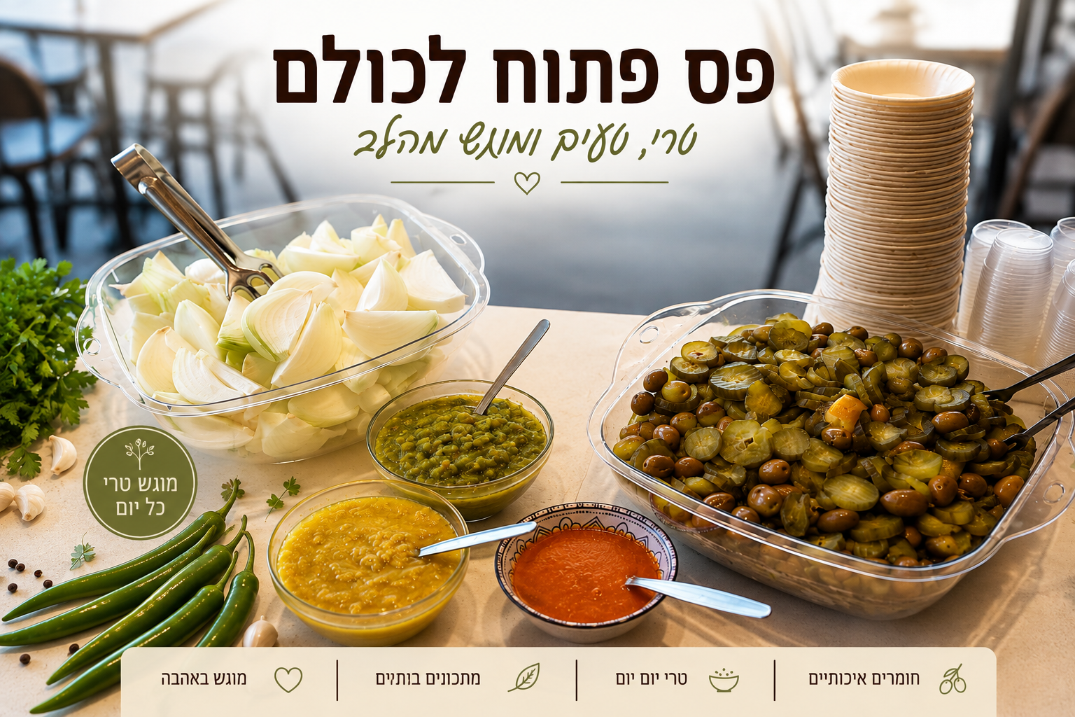 פס סלטים פתוח לכולם — בצל טרי, חמוצים, זיתים ורטבים ביתיים במסעדת החומוס של מלי באשקלון