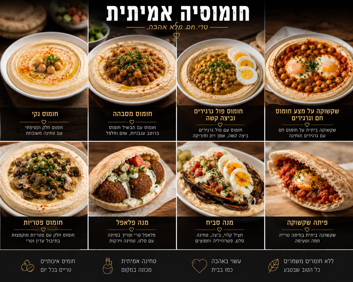מגוון מנות מהתפריט: חומוס נקי, חומוס מסבחה, חומוס קומפלט, שקשוקה, חומוס פטריות, מנת פלאפל, מנת סביח ופיתה שקשוקה